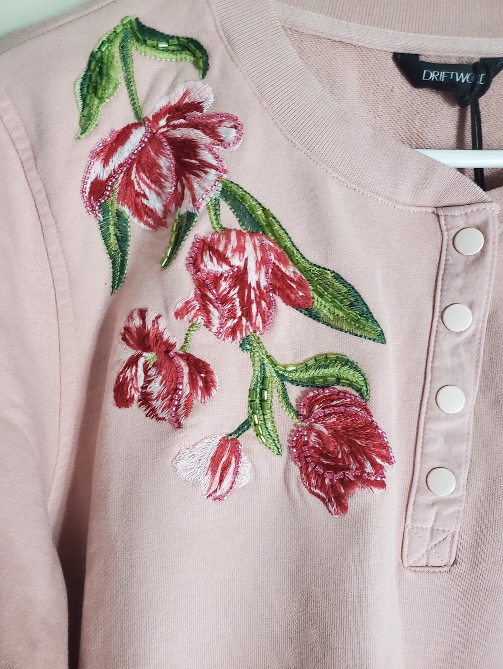 Floral Embroidered Pink Short-Sleeve Henley Top Twirly Tulips Crystal Rose - Picture 6 of 13